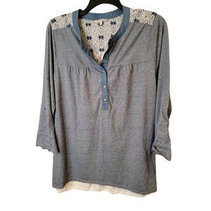 John Mark Size Large Womens Top Henley Knit Multi Media Embroidered Tunic